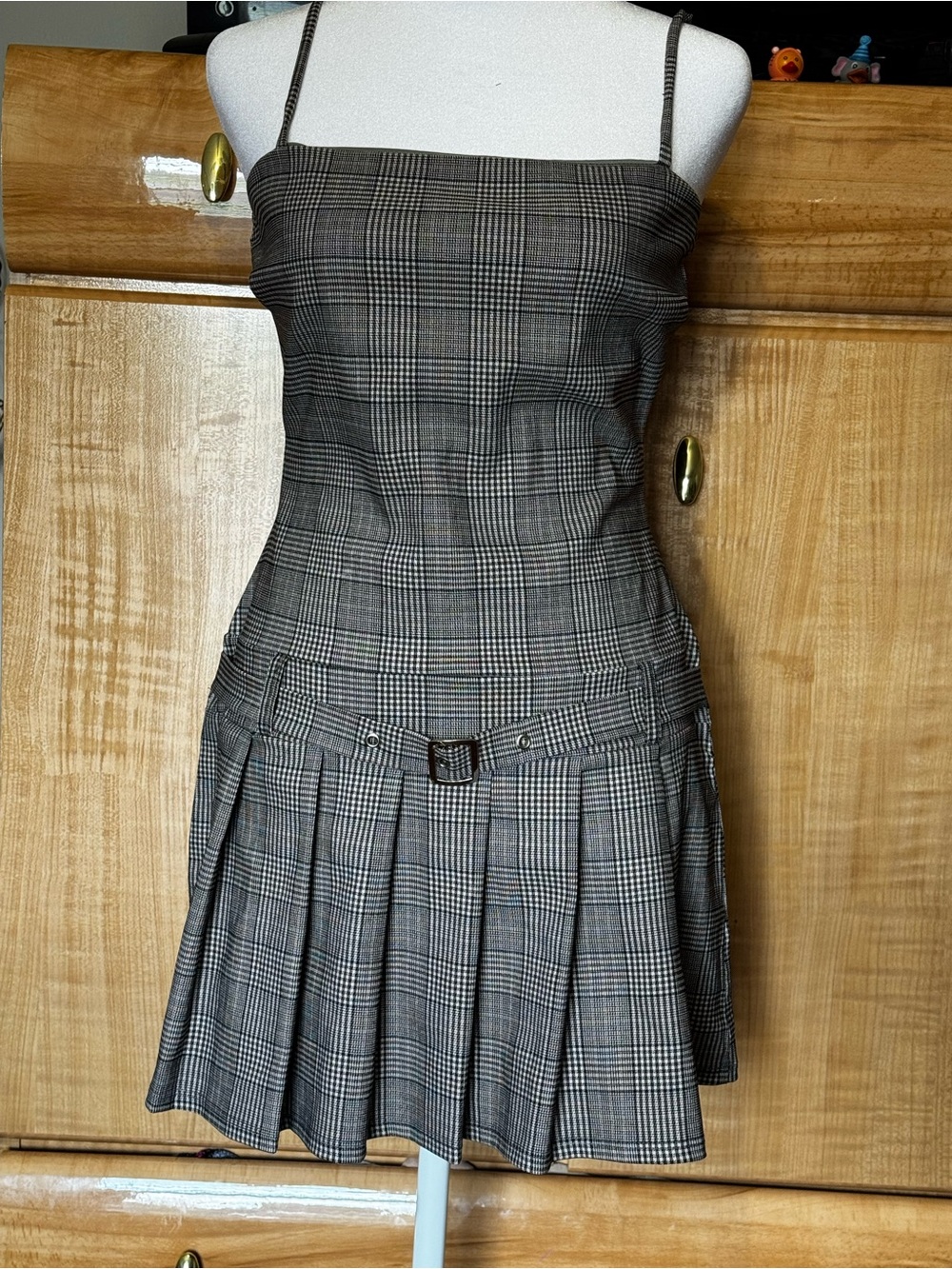 Windsor Plaid Spaghetti Strap Pleated Mini Dress - Brown/Gray